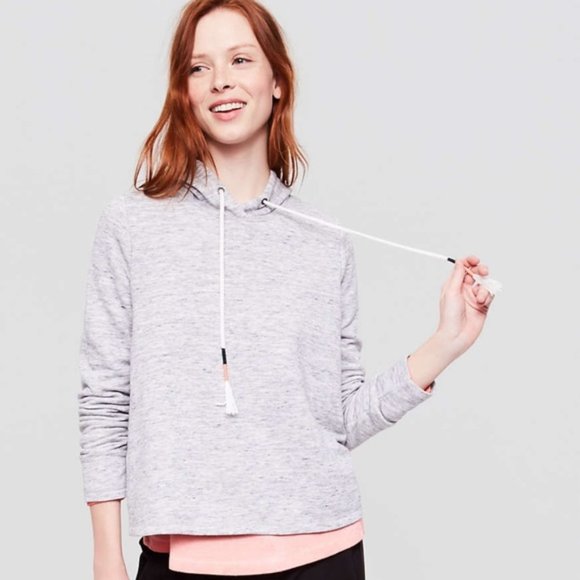 Lou‎ & Grey Medium M LOFT Gray Miss You Summer Tassel Drawstring Hoodie Sweater - Picture 1 of 8